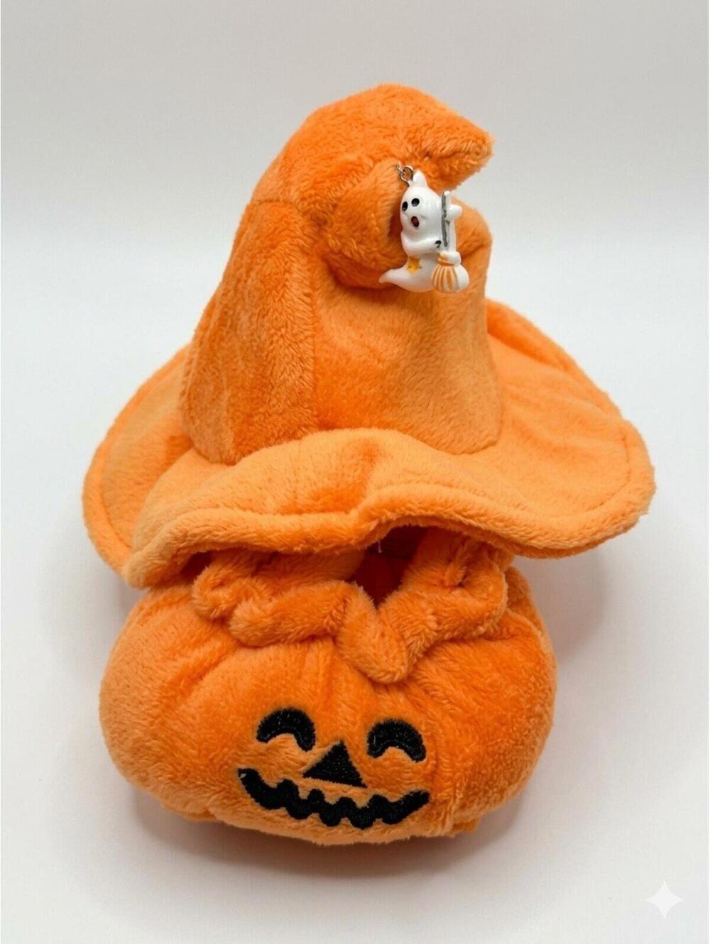Halloween Pumpkin Outfit for 17cm Labubu Plush Doll Witch Hat & Ghost Charm Set